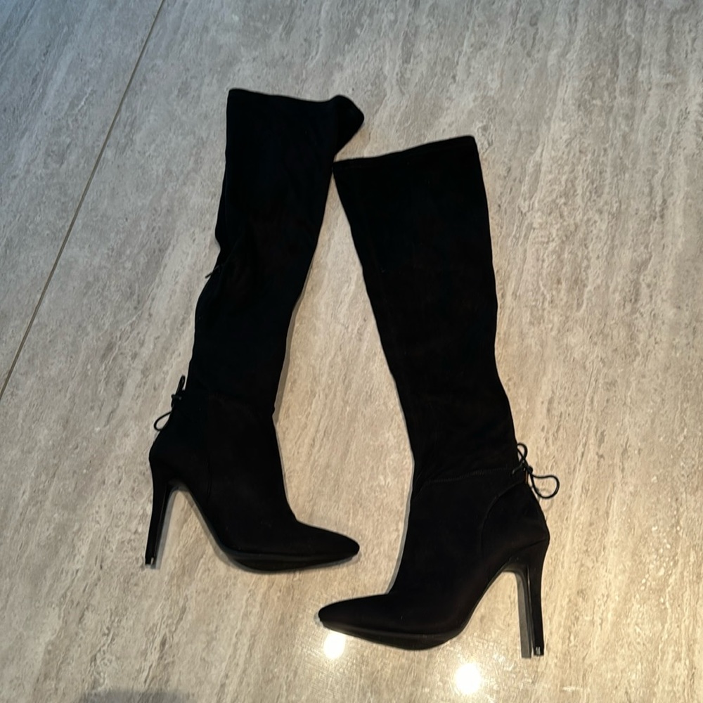 New Cupid over knee high heel boot has gold toe in back and zip